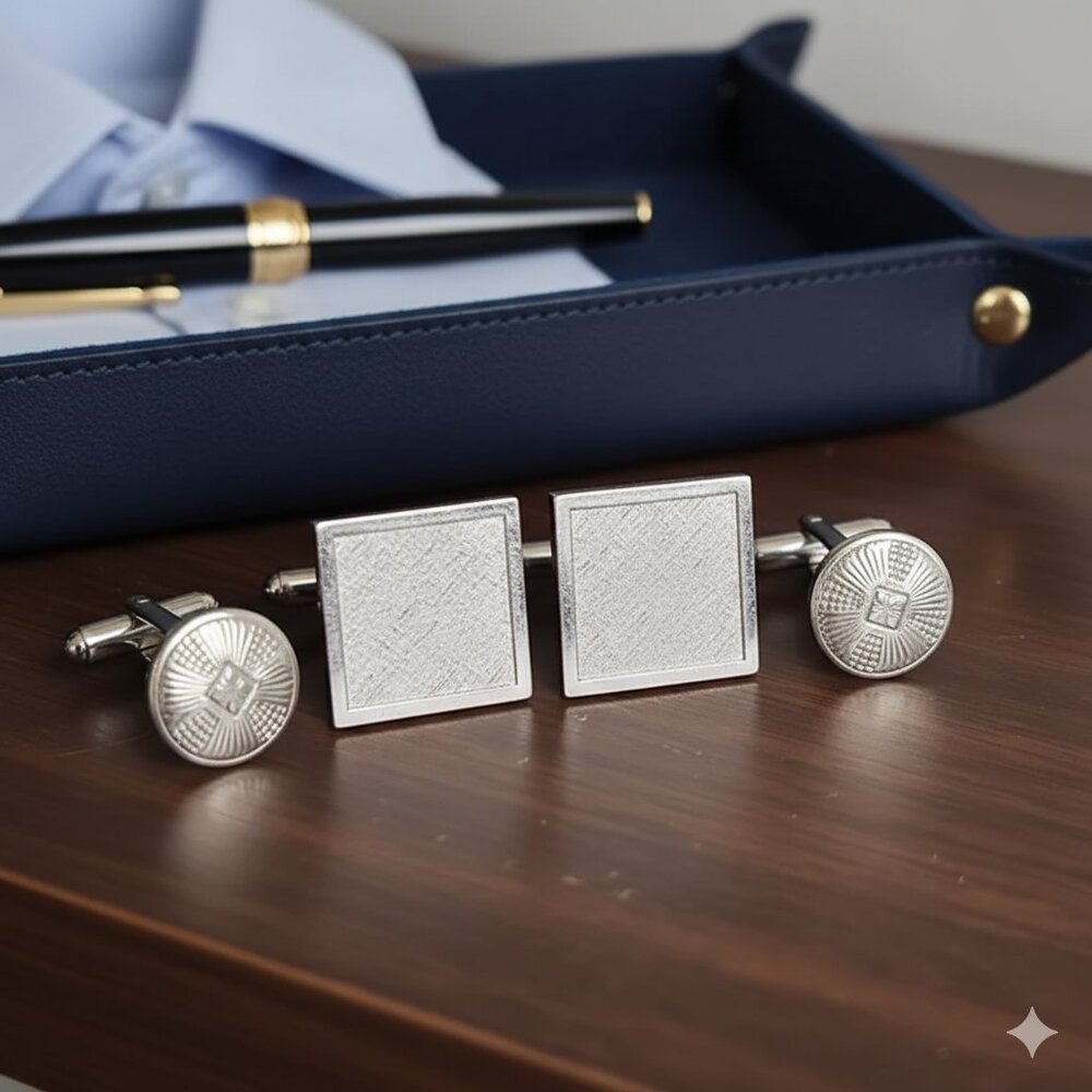 Men’s Silver Tone Textured Square & Round Cufflink Set - 2 Pairs